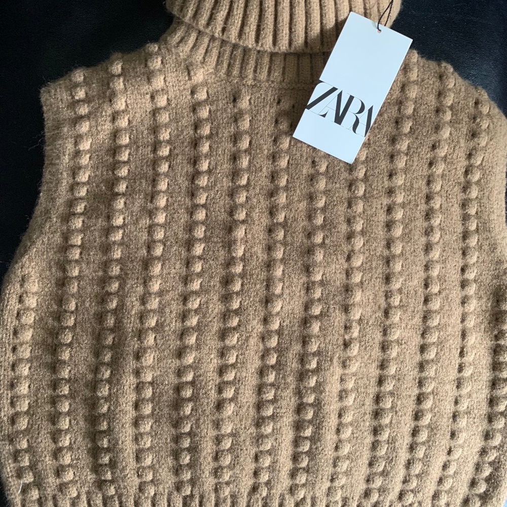 Zara Camel Brown Textured Turtleneck Sweater